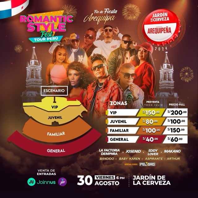 entradas precios zonas conciertos en arequipa 2024 romantic style fest regueton clasico eddy lover makano la factoria jardin de la cerveza joinnus 30 de agosto banner