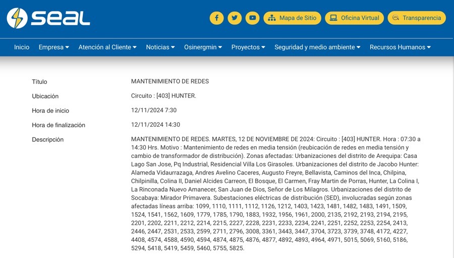 Interrupciones programadas en distritos de las provincias de Arequipa.